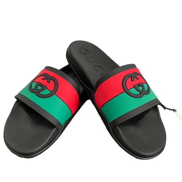 GUCCI Authentic Men\'s Interlocking G Slide Sandal Black Green Sz 10 |US 10.5 NEW main image 12